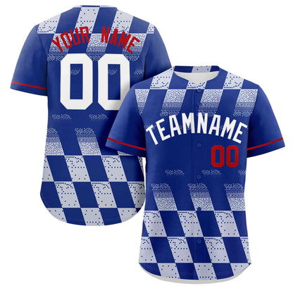 Custom Royal White Grid Speckles Color Block Design Authentic Baseball Jersey