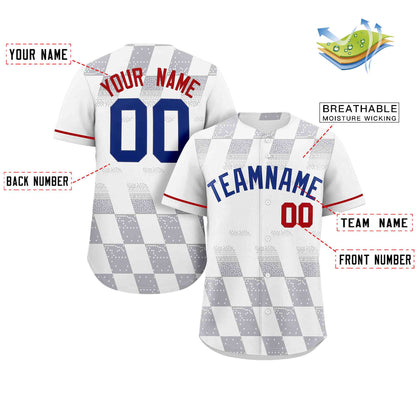 Custom White Gray Grid Speckles Color Block Design Authentic Baseball Jersey