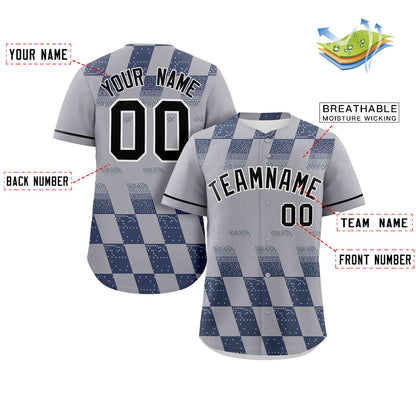 Custom Gray Navy Grid Speckles Color Block Design Authentic Baseball Jersey