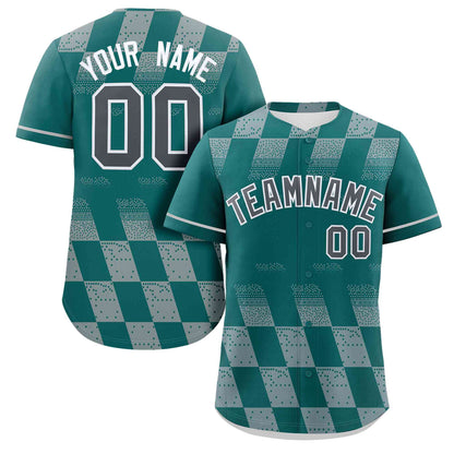 Custom Aqua Gray Grid Speckles Color Block Design Authentic Baseball Jersey