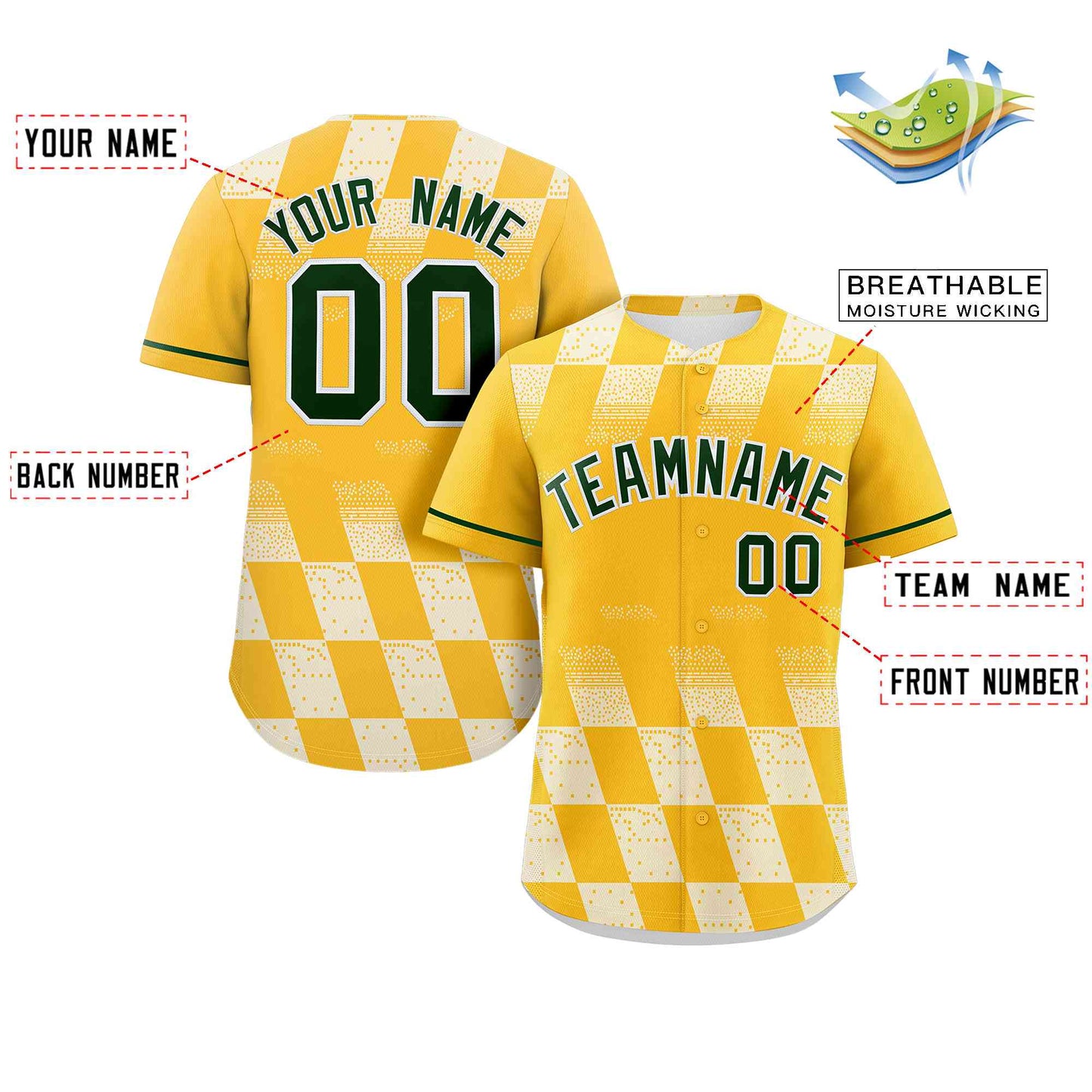 Custom Gold White Grid Speckles Color Block Design Authentic Baseball Jersey