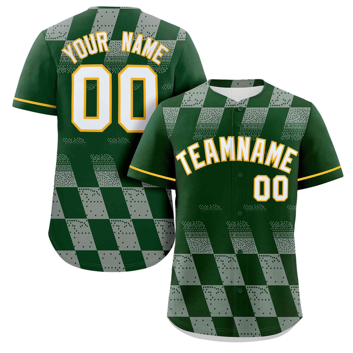 Custom Kelly Green Gray Grid Speckles Color Block Design Authentic Baseball Jersey