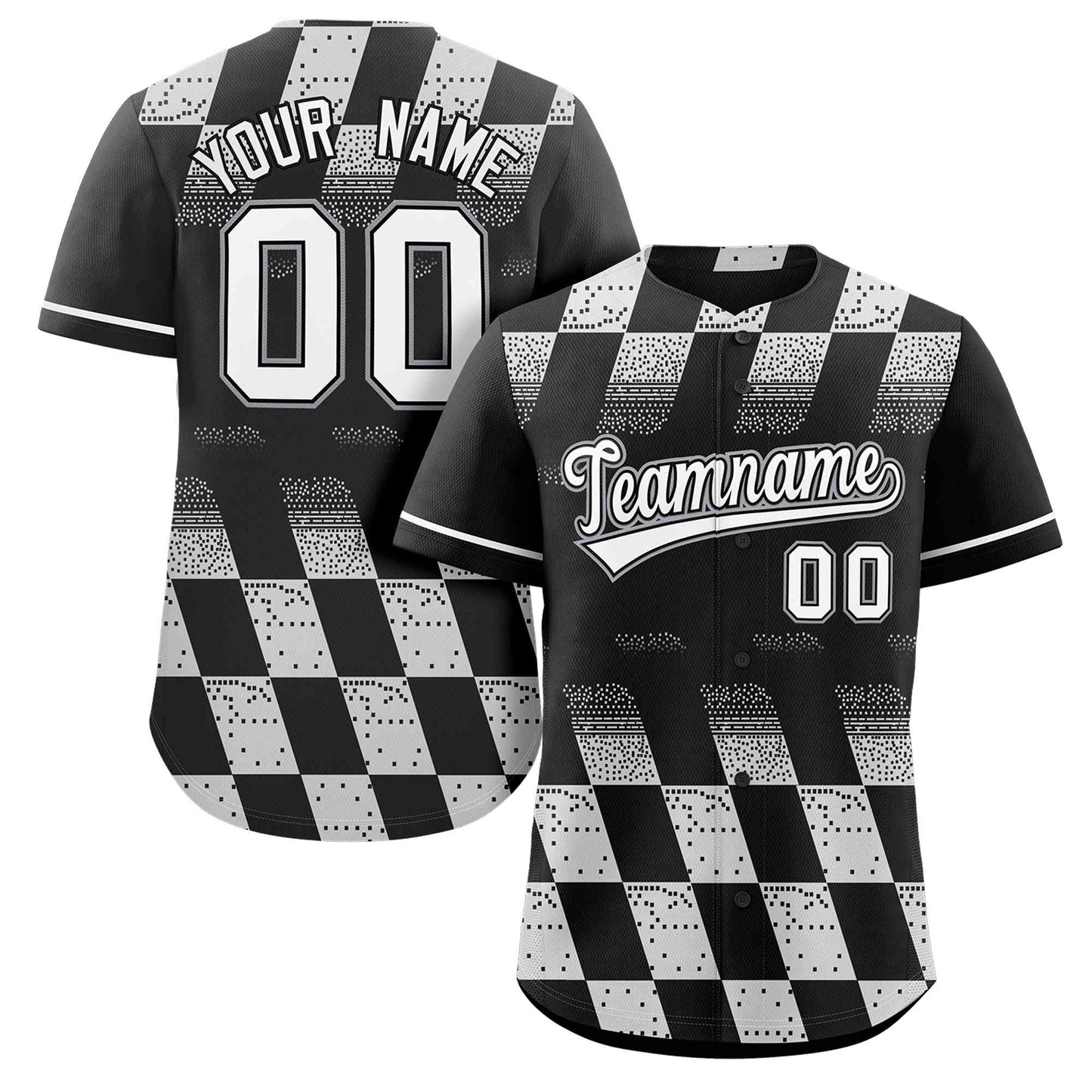 Custom Black White Grid Speckles Color Block Design Authentic Baseball Jersey