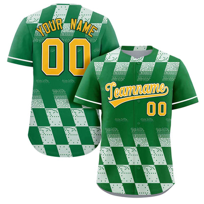 Custom Kelly Green White Grid Speckles Color Block Design Authentic Baseball Jersey