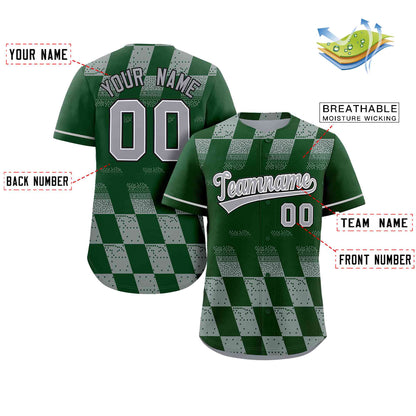 Custom Green Gray Grid Speckles Color Block Design Authentic Baseball Jersey