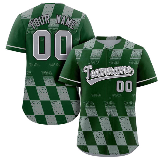 Custom Green Gray Grid Speckles Color Block Design Authentic Baseball Jersey