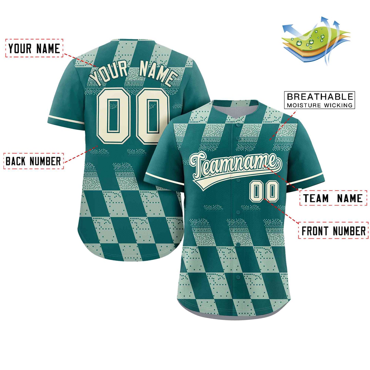 Custom Aqua Cream Grid Speckles Color Block Design Authentic Baseball Jersey