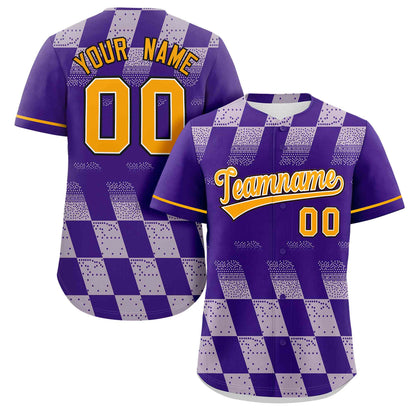 Custom Purple White Grid Speckles Color Block Design Authentic Baseball Jersey