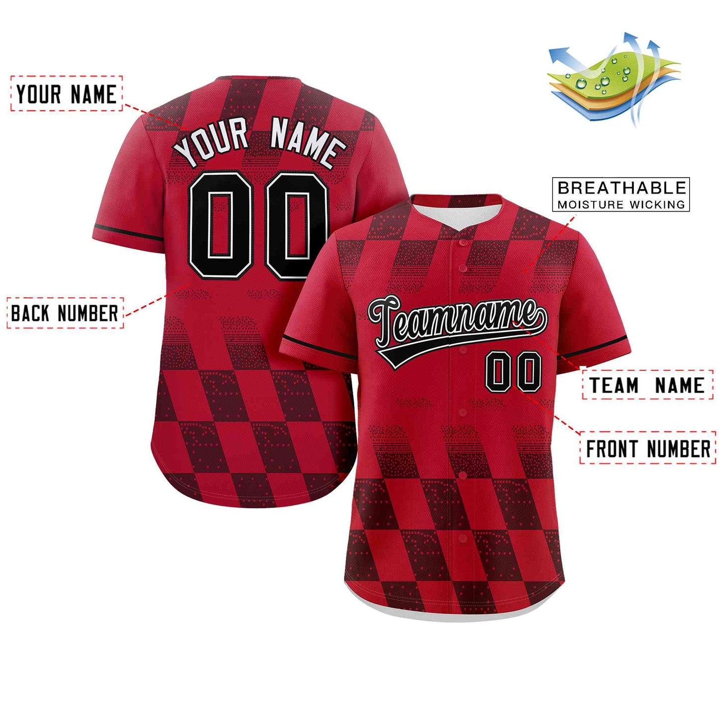 Custom Red Black Grid Speckles Color Block Design Authentic Baseball Jersey