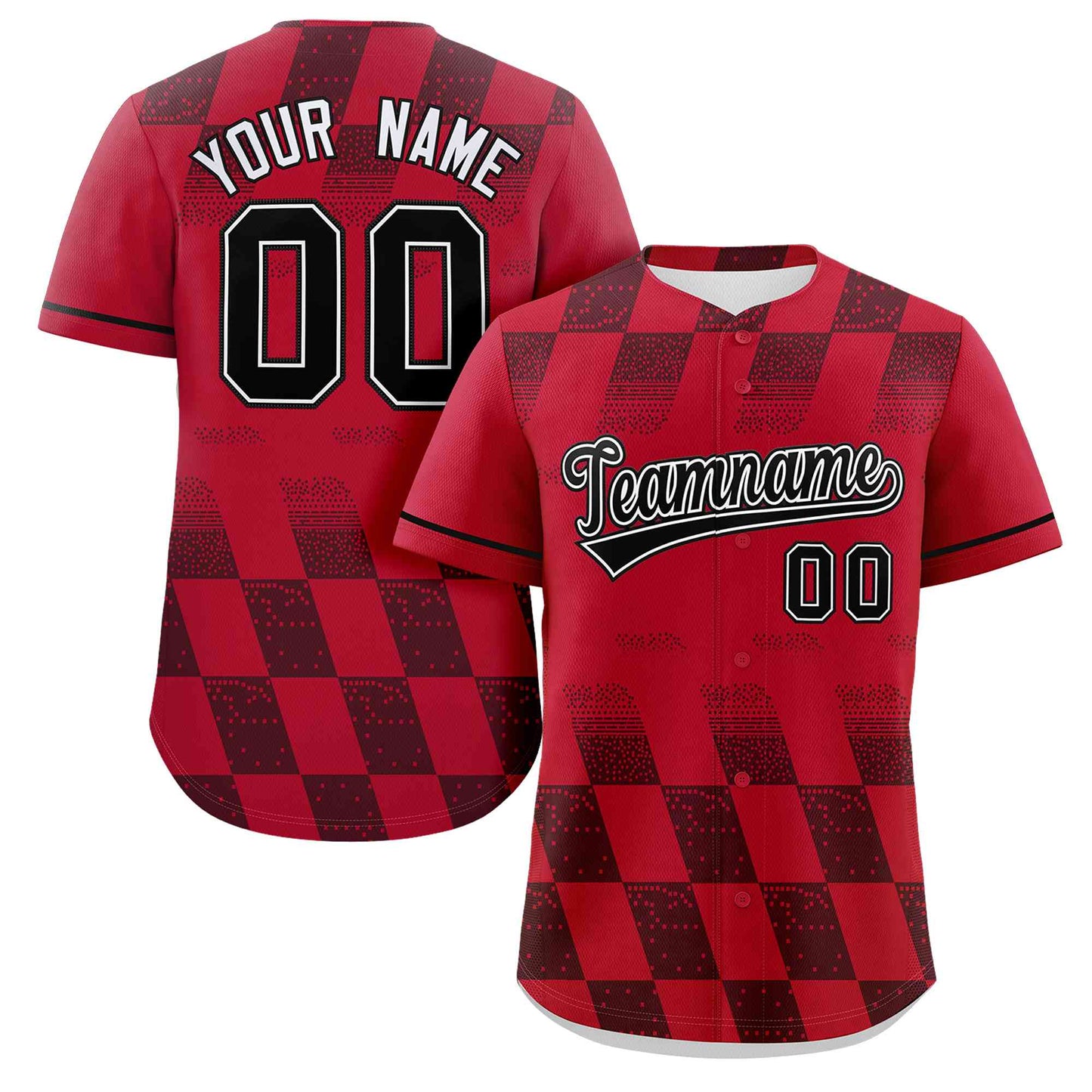 Custom Red Black Grid Speckles Color Block Design Authentic Baseball Jersey