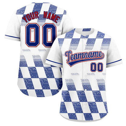 Custom White Royal Grid Speckles Color Block Design Authentic Baseball Jersey