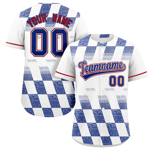 Custom White Royal Grid Speckles Color Block Design Authentic Baseball Jersey