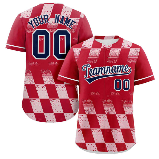 Custom Red White Grid Speckles Color Block Design Authentic Baseball Jersey