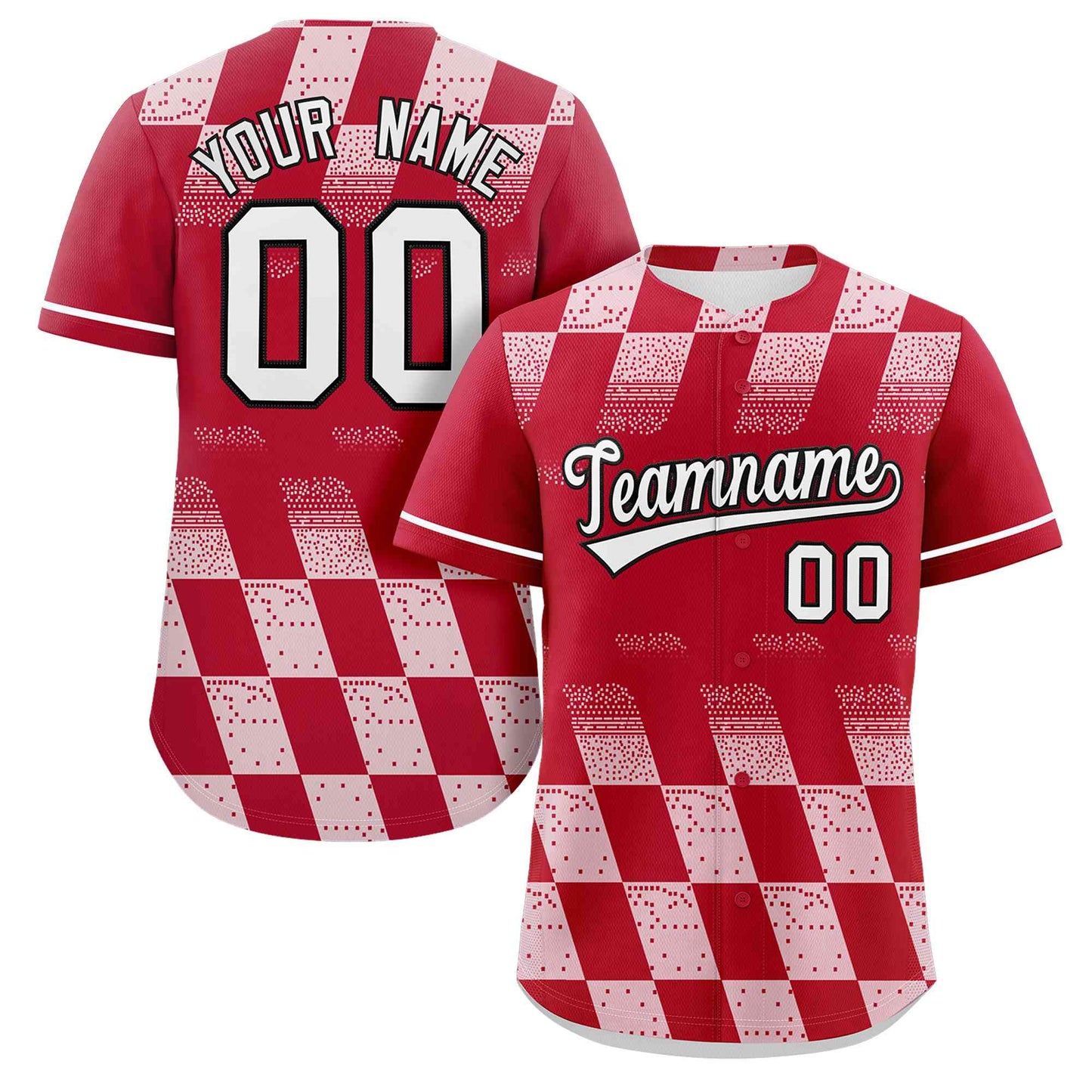 Custom Red White Grid Speckles Color Block Design Authentic Baseball Jersey