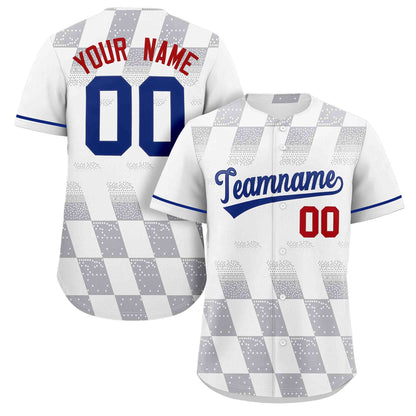 Custom White Gray Grid Speckles Color Block Design Authentic Baseball Jersey