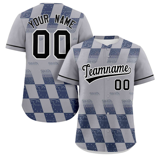 Custom Gray Navy Grid Speckles Color Block Design Authentic Baseball Jersey