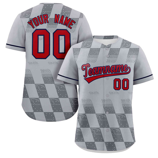 Custom Gray Red Grid Speckles Color Block Design Authentic Baseball Jersey