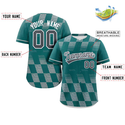 Custom Aqua Gray Grid Speckles Color Block Design Authentic Baseball Jersey