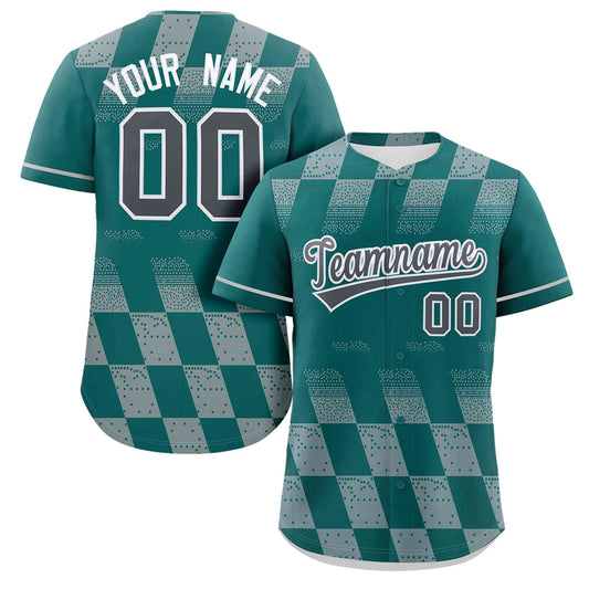 Custom Aqua Gray Grid Speckles Color Block Design Authentic Baseball Jersey