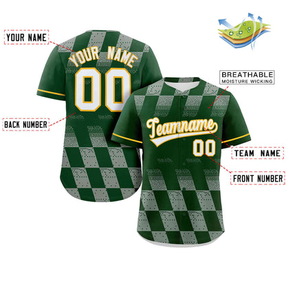 Custom Kelly Green Gray Grid Speckles Color Block Design Authentic Baseball Jersey