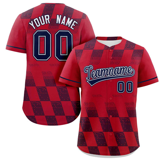 Custom Red Navy Grid Speckles Color Block Design Authentic Baseball Jersey