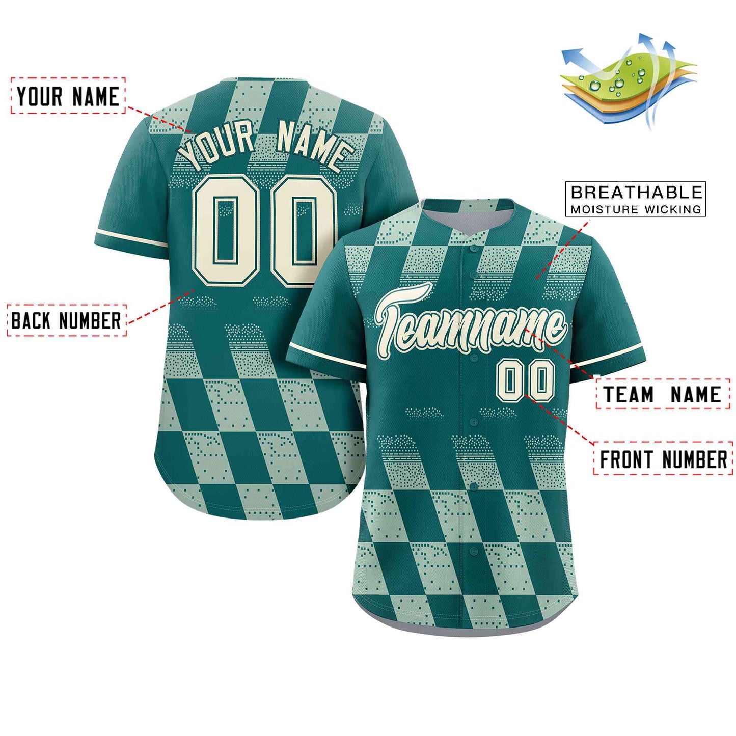 Custom Aqua Cream Grid Speckles Color Block Design Authentic Baseball Jersey