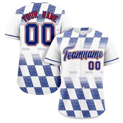 Custom White Royal Grid Speckles Color Block Design Authentic Baseball Jersey