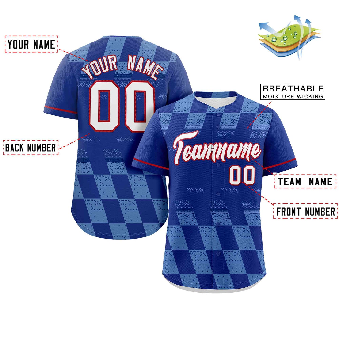 Custom Royal Powder Blue Grid Speckles Color Block Design Authentic Baseball Jersey