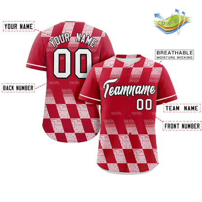 Custom Red White Grid Speckles Color Block Design Authentic Baseball Jersey