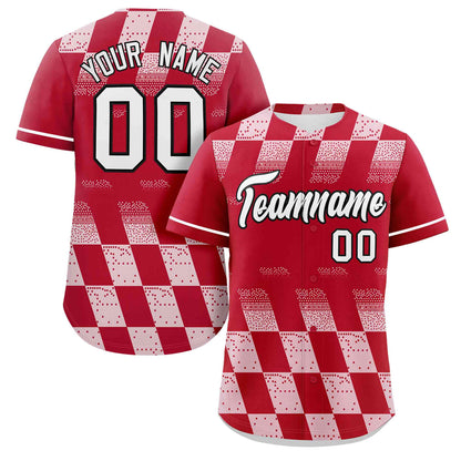 Custom Red White Grid Speckles Color Block Design Authentic Baseball Jersey