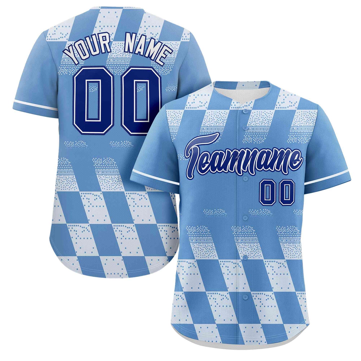 Custom Powder Blue White Grid Speckles Color Block Design Authentic Baseball Jersey