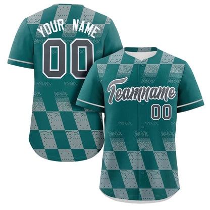 Custom Aqua Gray Grid Speckles Color Block Design Authentic Baseball Jersey