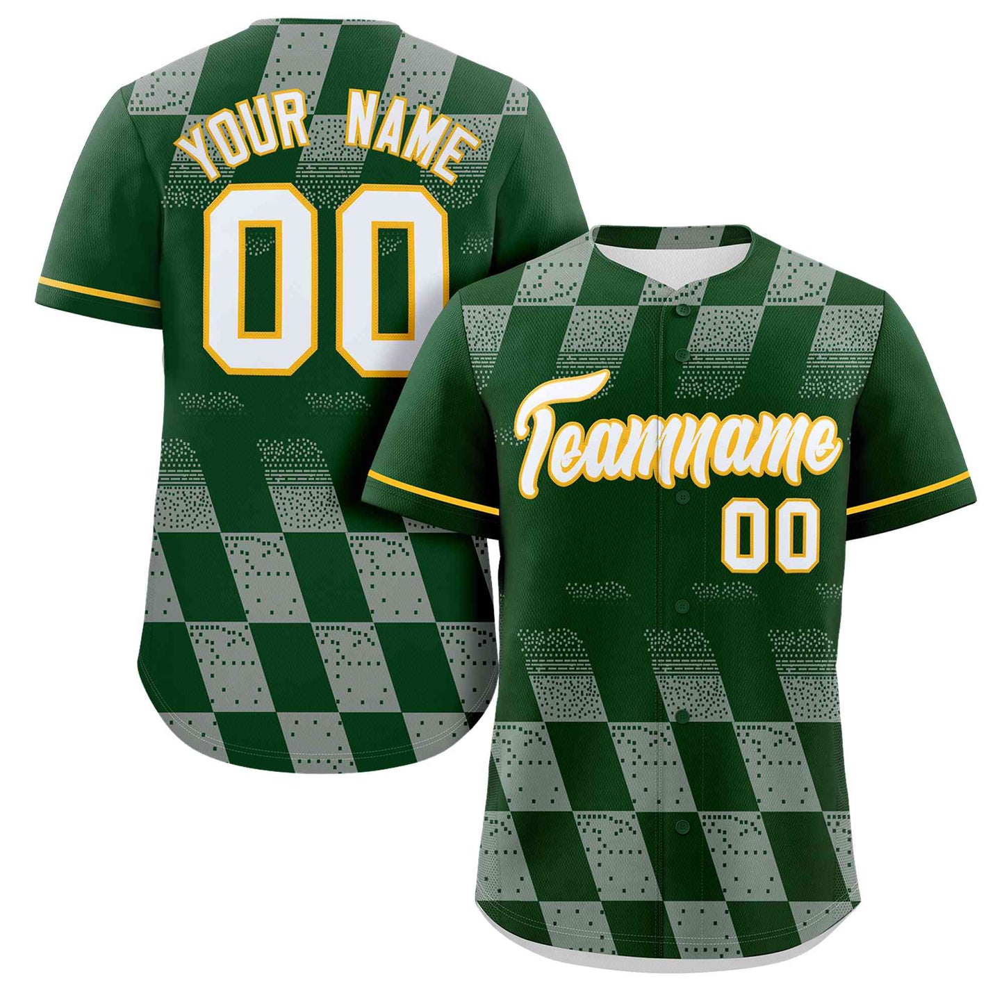 Custom Kelly Green Gray Grid Speckles Color Block Design Authentic Baseball Jersey