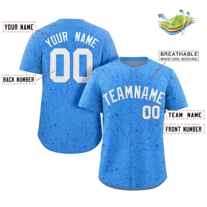 Custom Powder Blue Royal Line Art Graffiti Pattern Design Authentic Baseball Jersey