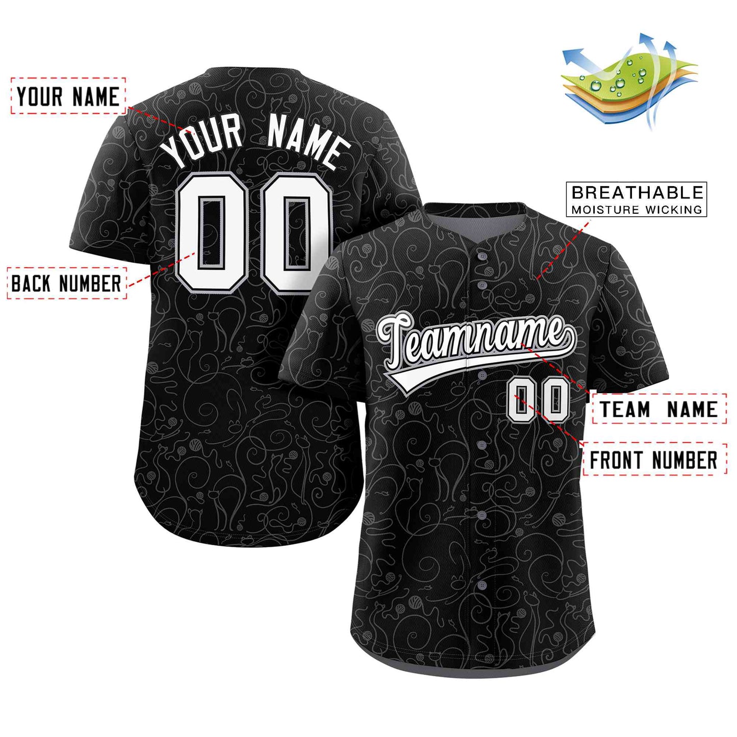 Custom Black Gray Line Art Graffiti Pattern Design Authentic Baseball Jersey