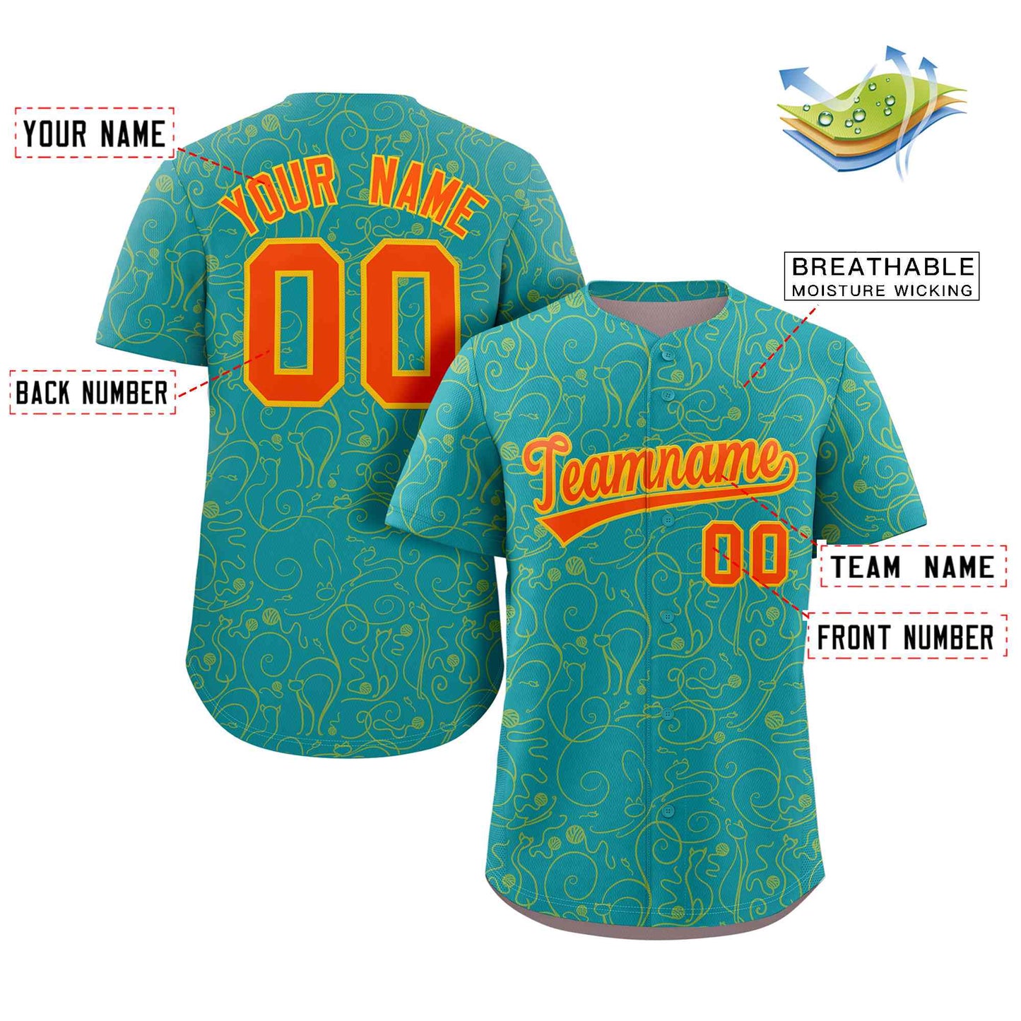 Custom Aqua Gold Line Art Graffiti Pattern Design Authentic Baseball Jersey