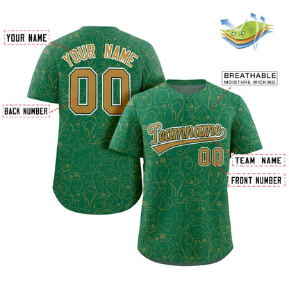 Custom Kelly Green Old Gold Line Art Graffiti Pattern Design Authentic Baseball Jersey