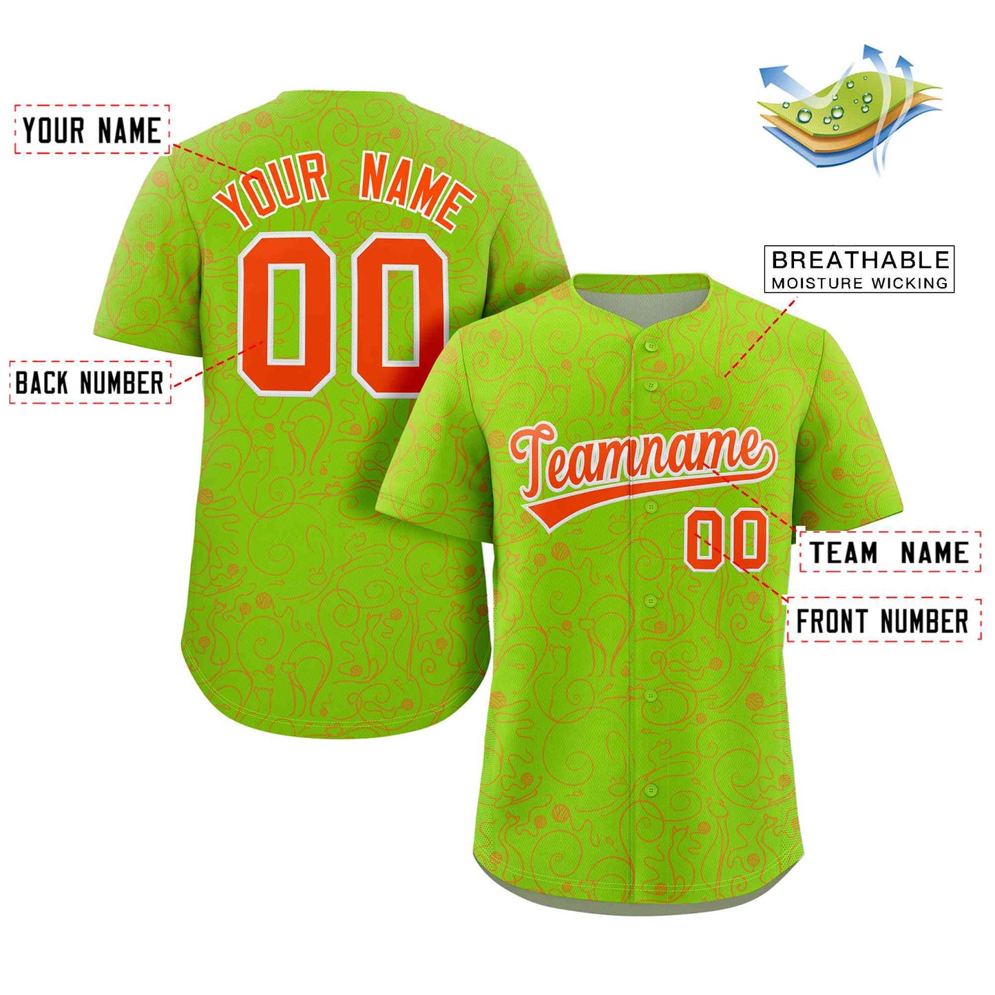 Custom Neon Green Orange Line Art Graffiti Pattern Design Authentic Baseball Jersey