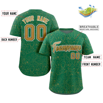 Custom Kelly Green Old Gold Line Art Graffiti Pattern Design Authentic Baseball Jersey