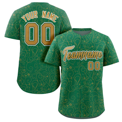 Custom Kelly Green Old Gold Line Art Graffiti Pattern Design Authentic Baseball Jersey