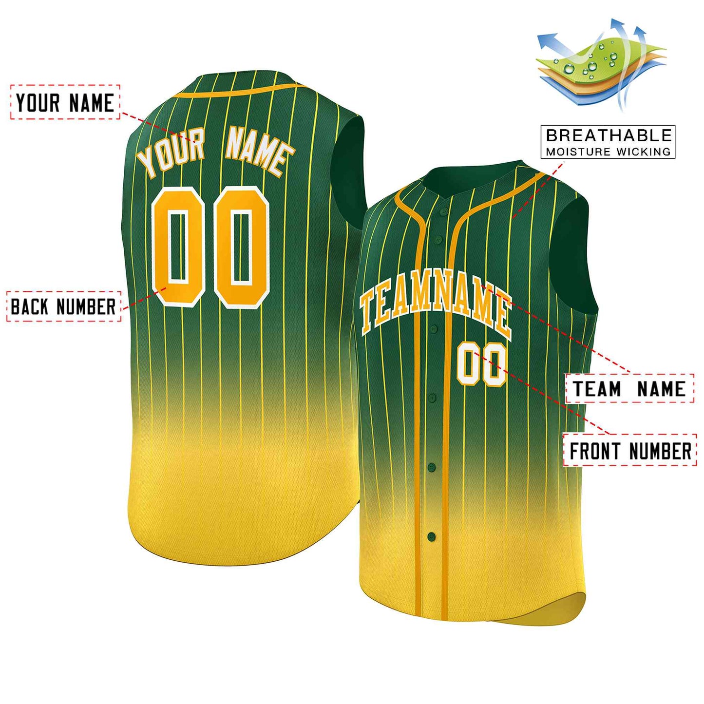 Custom Green Yellow Gradient stripe Fashion Authentic Sleeveless Baseball Jersey