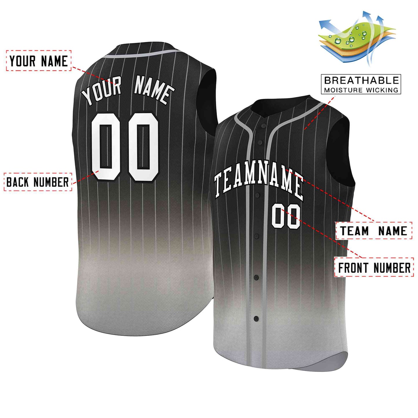 Custom Black Gray Gradient stripe Fashion Authentic Sleeveless Baseball Jersey