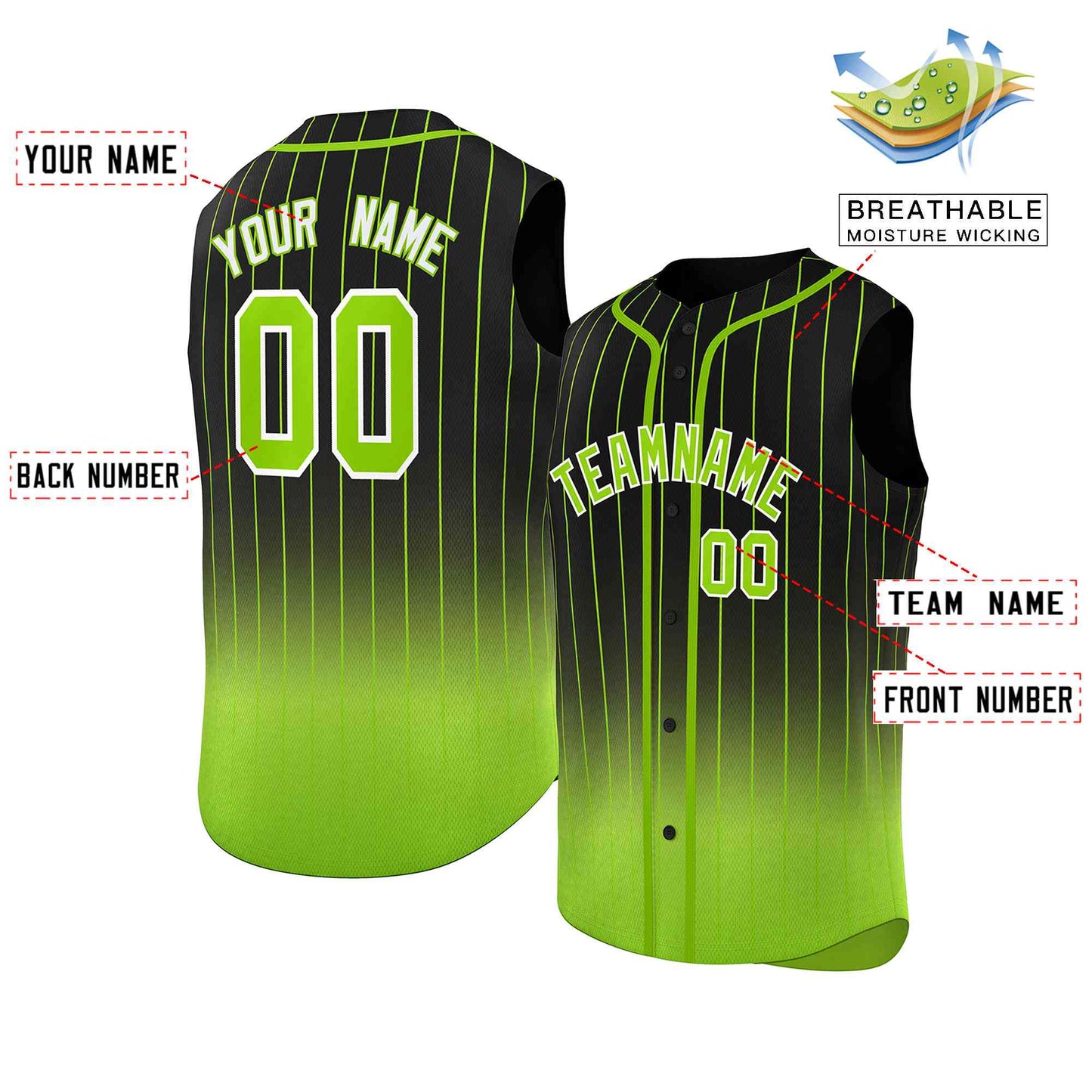 Custom Black Neon Green Gradient stripe Fashion Authentic Sleeveless Baseball Jersey