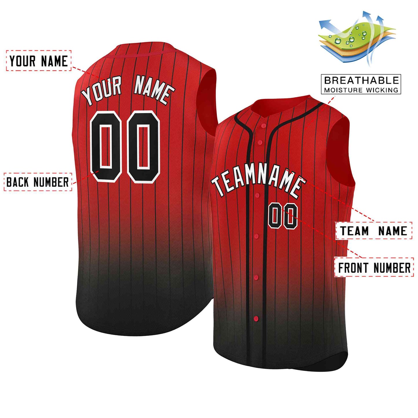 Custom Red Black Gradient stripe Fashion Authentic Sleeveless Baseball Jersey