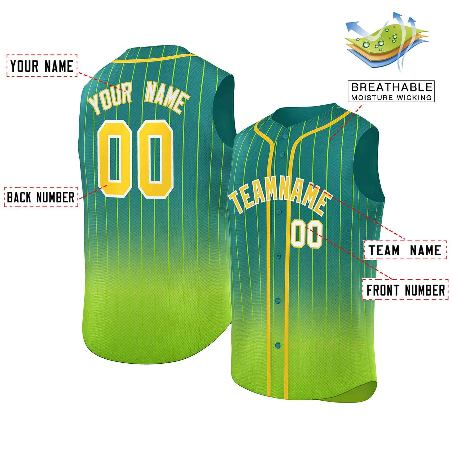 Custom Kelly Green Neon Green Gradient stripe Fashion Authentic Sleeveless Baseball Jersey