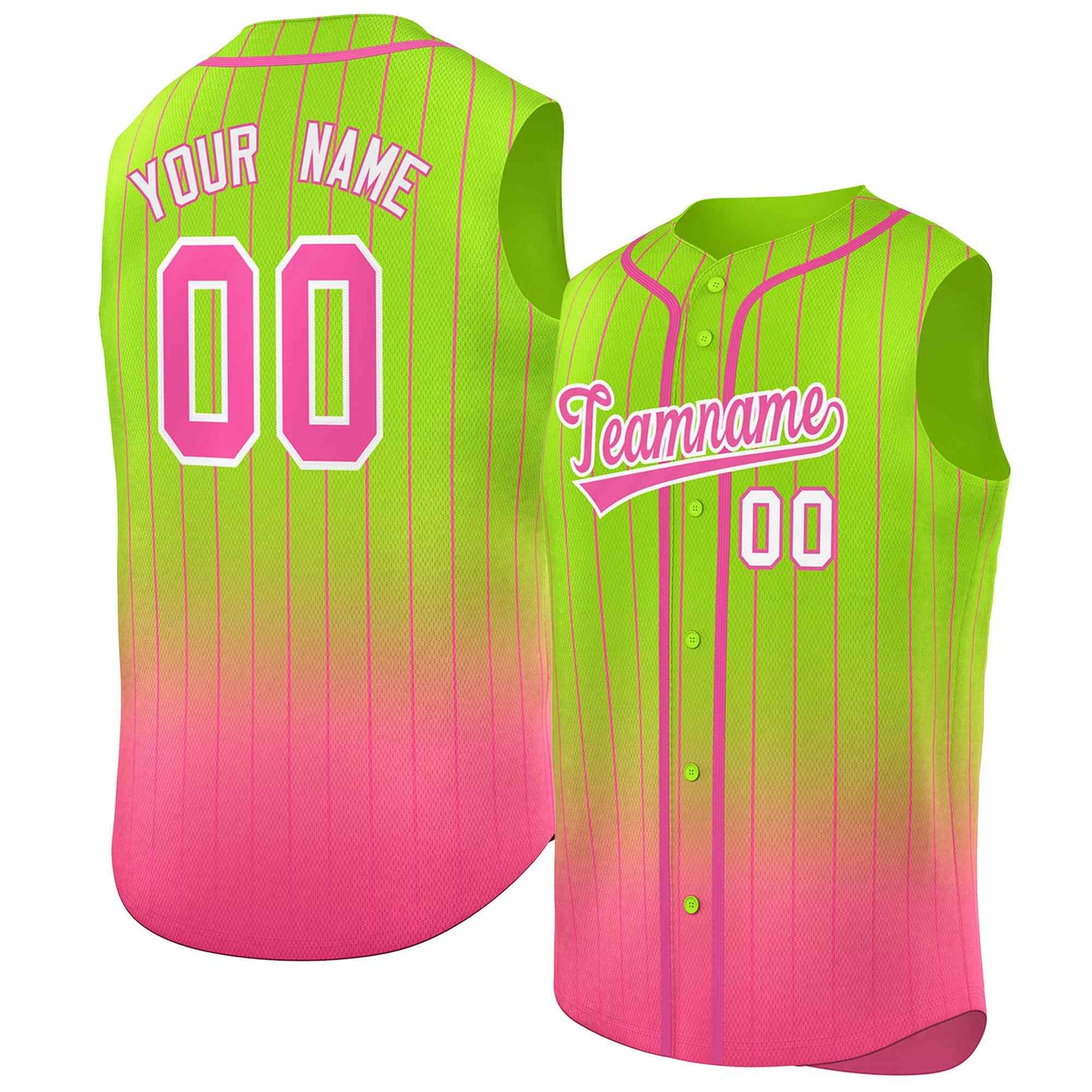 Custom Neon Green Pink Gradient stripe Fashion Authentic Sleeveless Baseball Jersey