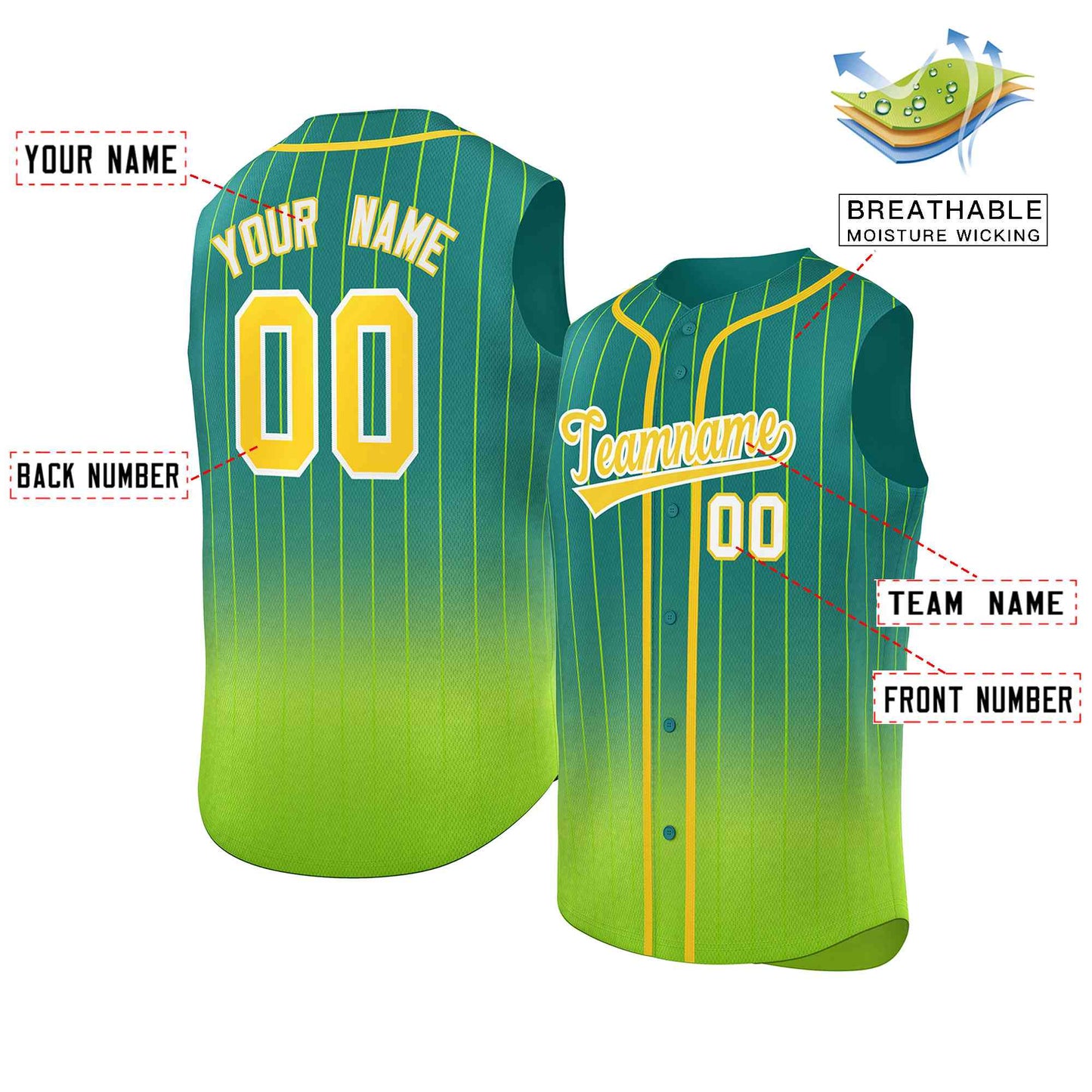 Custom Kelly Green Neon Green Gradient stripe Fashion Authentic Sleeveless Baseball Jersey