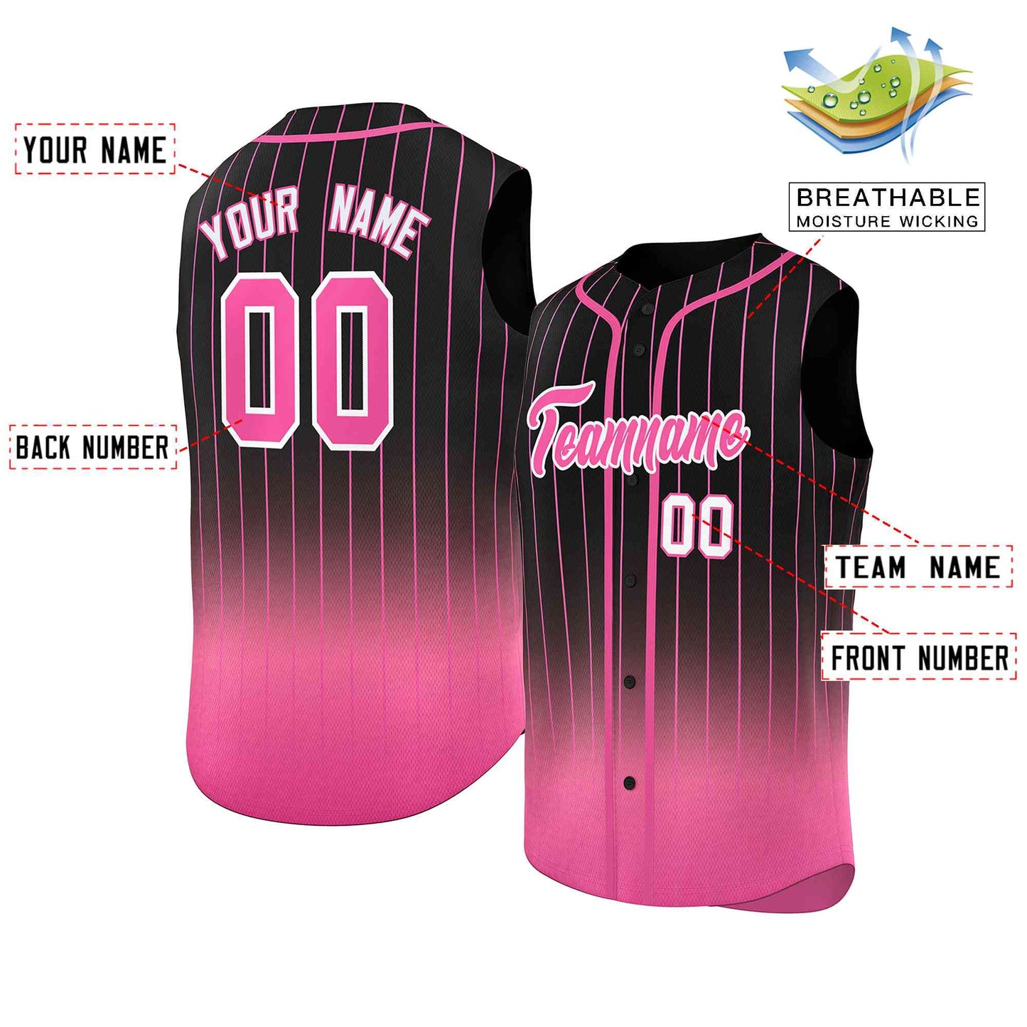 Custom Black Pink Gradient stripe Fashion Authentic Sleeveless Baseball Jersey