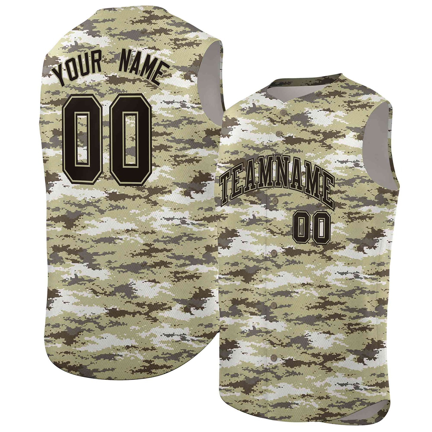 Custom Brown Khaki-Black Camo Fashion Authentic Sleeveless Baseball Jersey