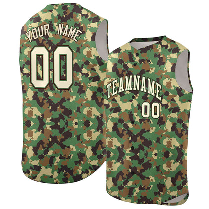 Custom Brown Green-Cream Camo Fashion Authentic Sleeveless Baseball Jersey